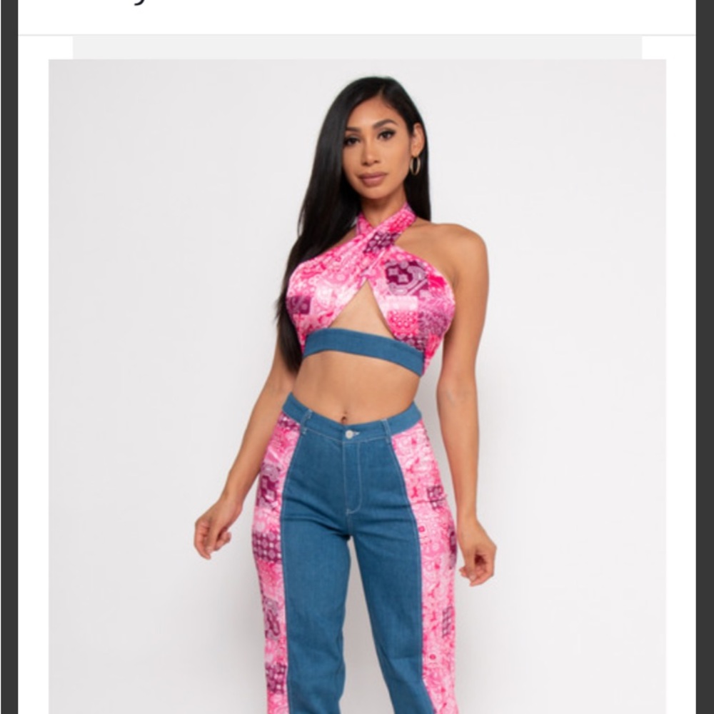 Pretty In Pink Crisscross Two Toned Two Piece Denim Outfit